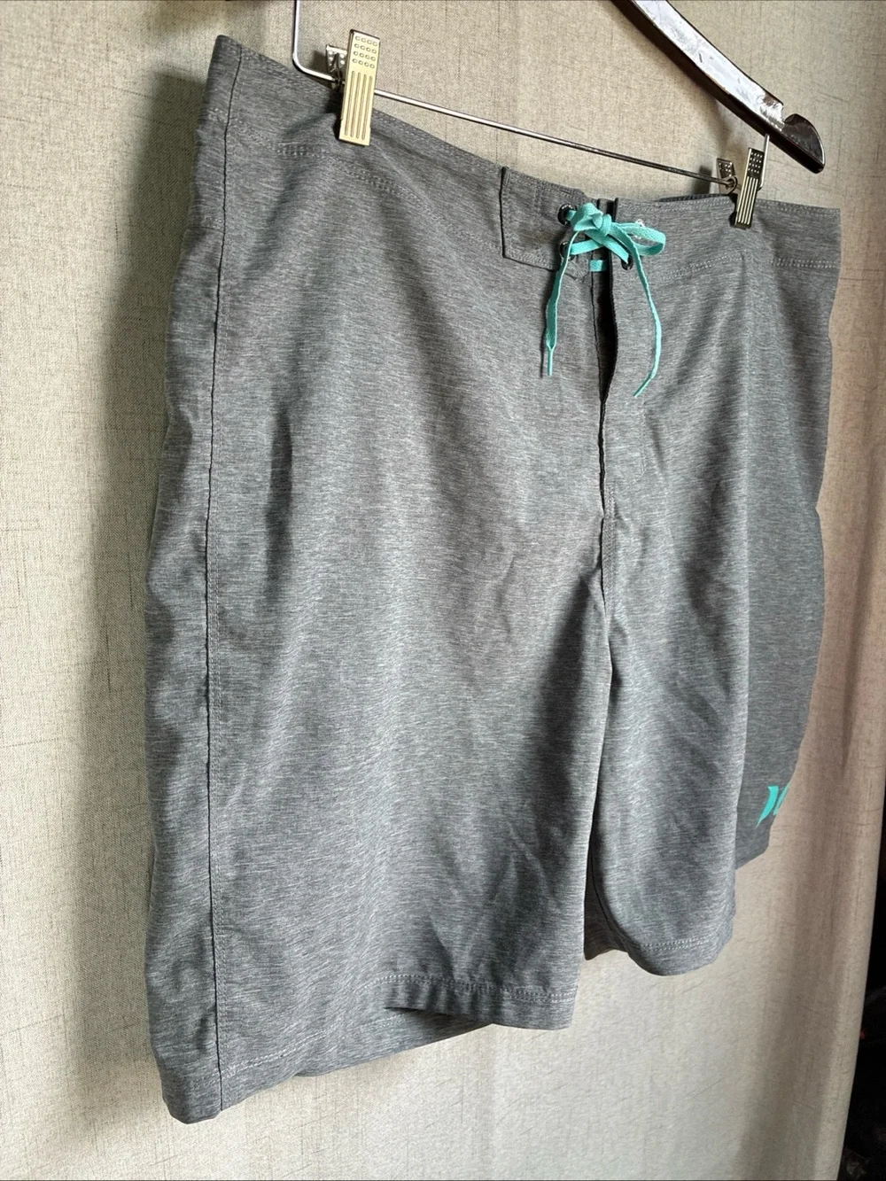Hurley Mens Board Shorts 36 Gray Teal Swim Surf Shorts Drawstring Performance